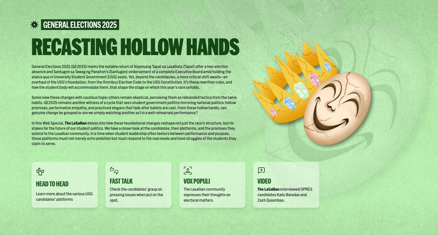 General Elections 2025 landing page titled Recasting Hollow Hands, with an illustrated cracked theatre mask wearing a jewelled crown and links to Head to Head, Fast Talk, Vox Populi and Video sections.