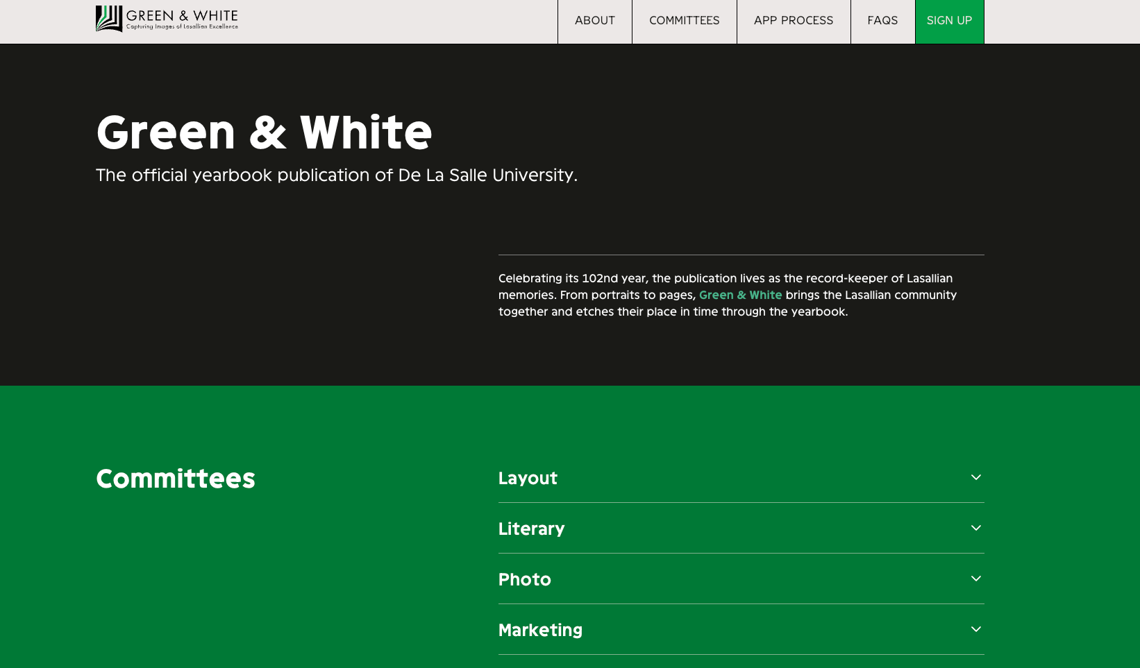 Green & White homepage hero introducing the official yearbook publication of De La Salle University, above an expandable list of committees.