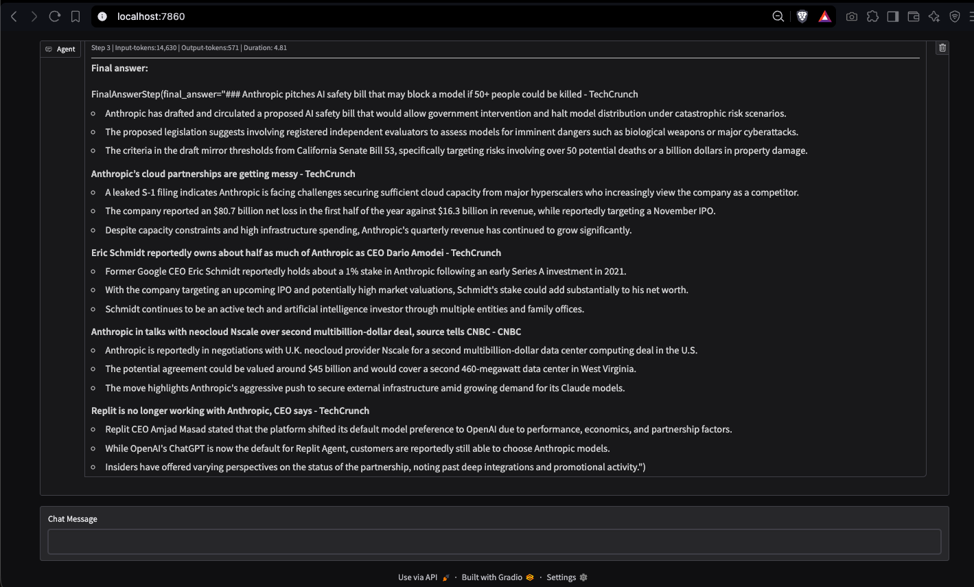 Gradio chat interface showing the agent's final answer: news headlines from TechCrunch and CNBC, each followed by a three-bullet summary.